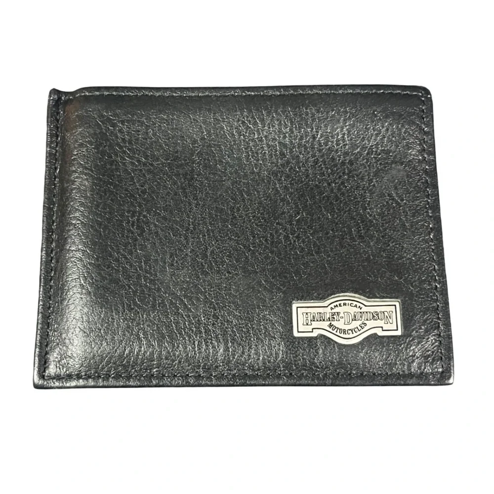 Harley-Davidson Mens Black Leather Bifold Wallet with Money Clip Logo Badge